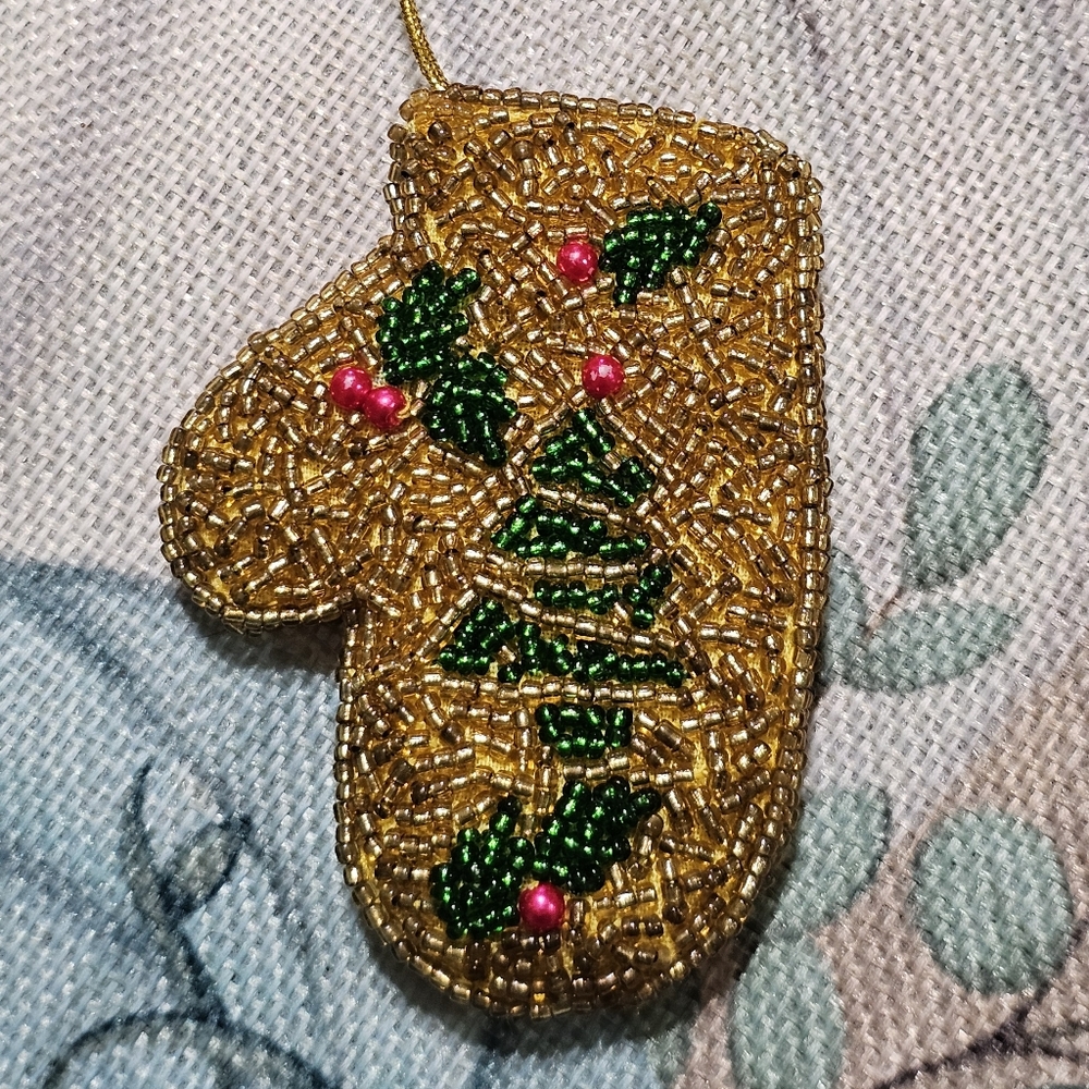 Beaded Gold Christmas Mitten Ornament